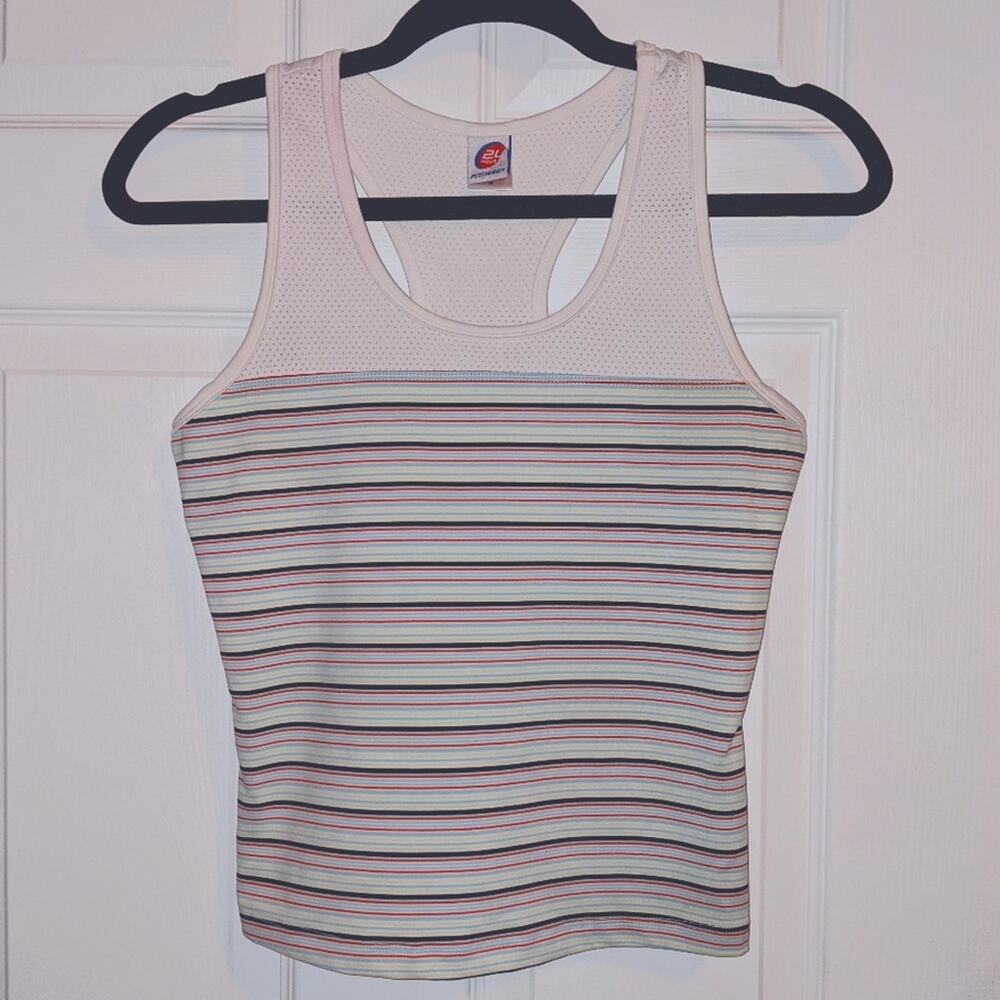 24 Hour Fitness White Active Tank Top w/ Multicolored Stripes M